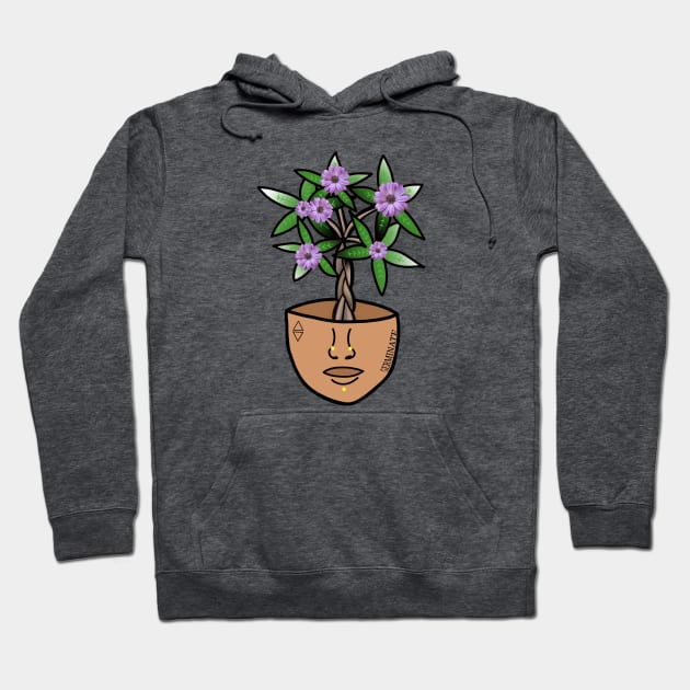 Surreal Money Tree with Purple Daisys, in a Pot Head Planter Hoodie by Tenpmcreations